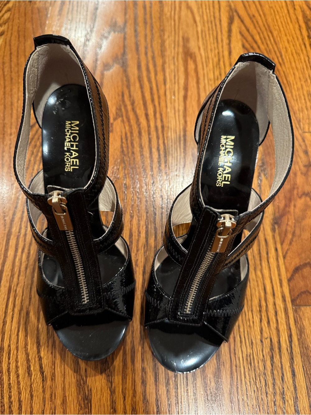 Michael Kors Black Patent Leather Zip-Strap Heels